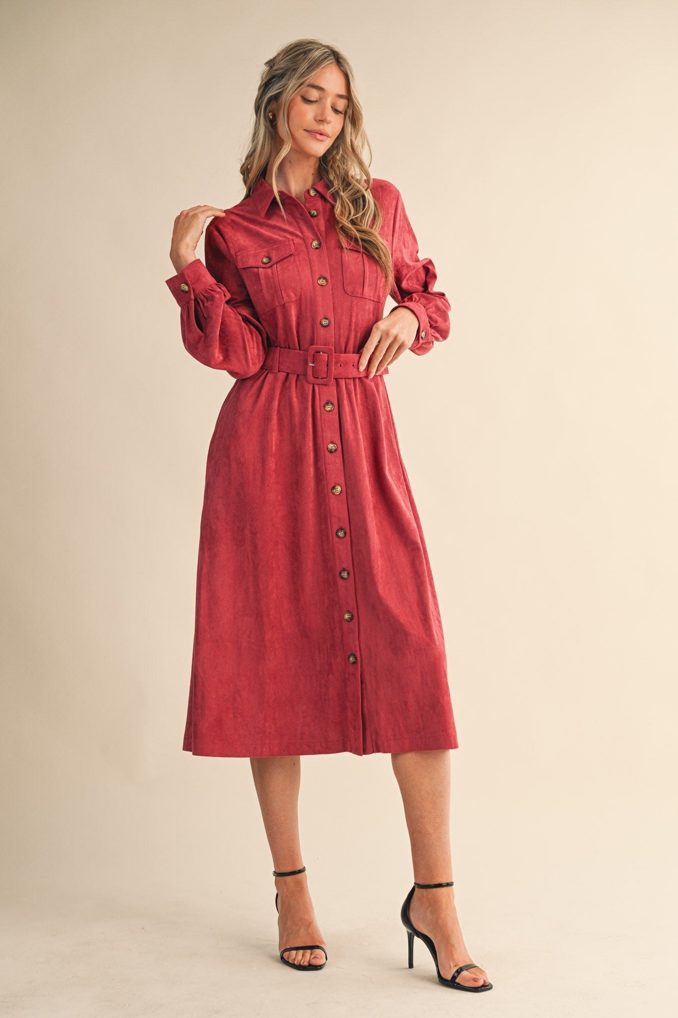 The Margot Suede Belted Shirt Dress in Berry