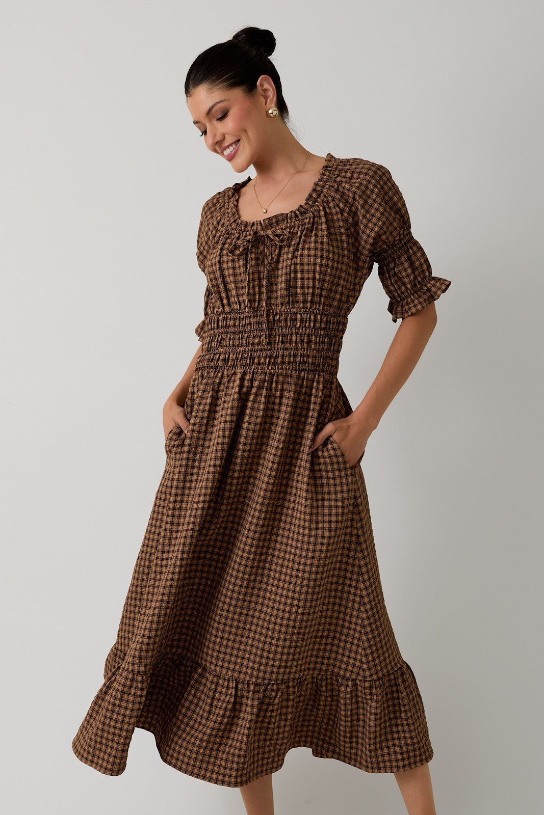 The Mae Plaid Midi Dress in Brown Plaid
