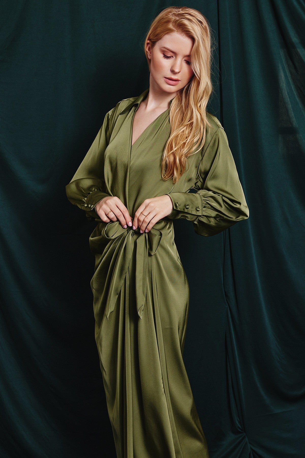 The Blaire Satin Wrap Dress in Olive