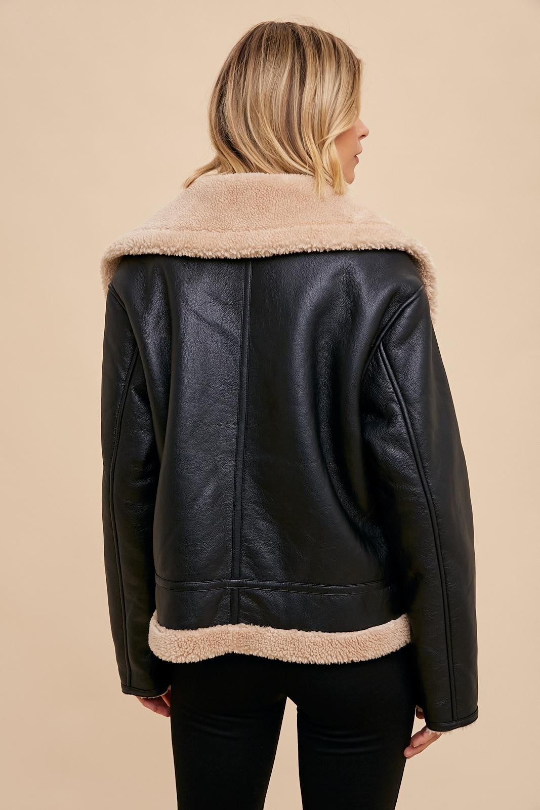 The Lexi Vegan Leather Shearling Jacket in Black