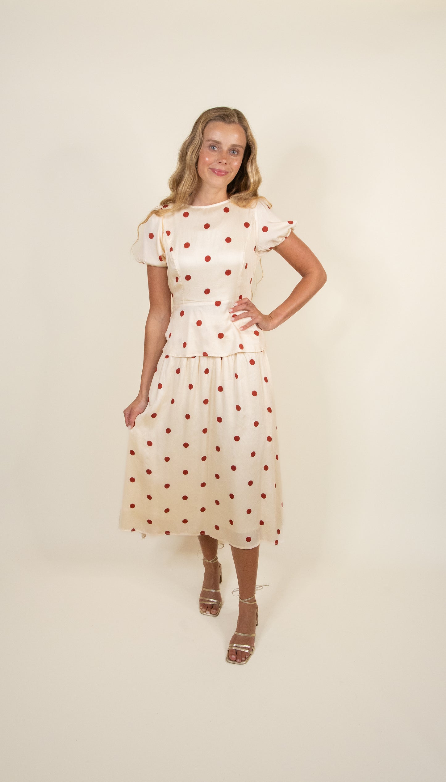 The Zoe Satin Polka Dot Set in Cream & Rust