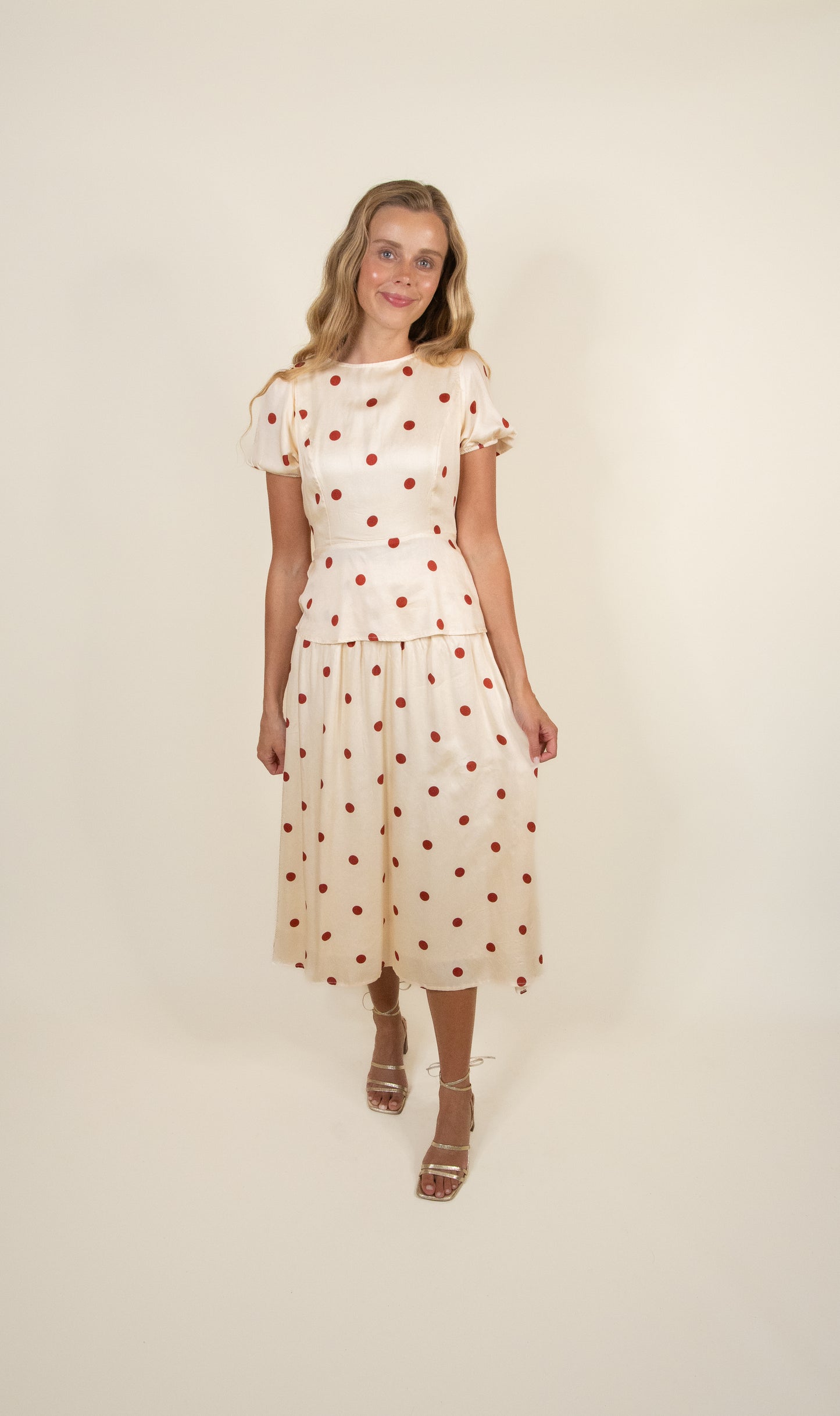 The Zoe Satin Polka Dot Set in Cream & Rust