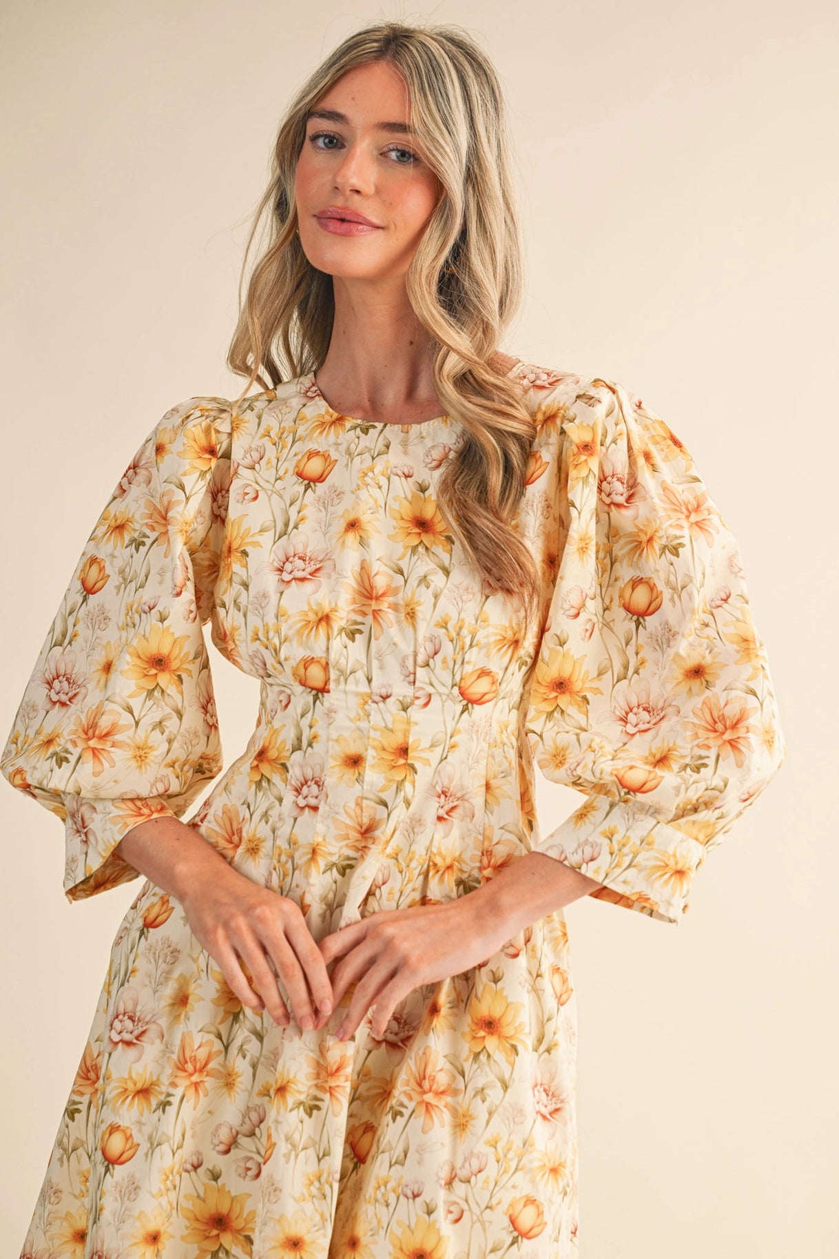 The Alaina Floral Midi Dress in Golden Floral