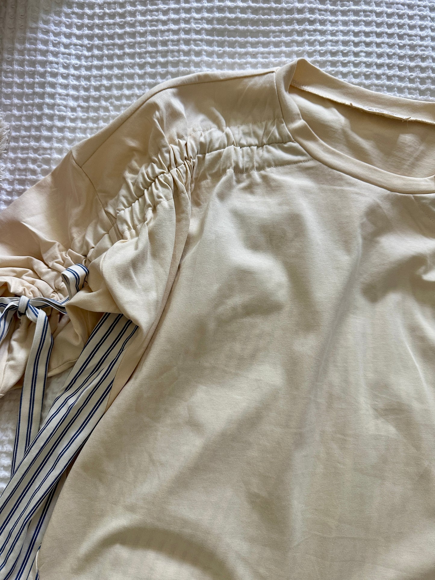 The Amelia Bow Sleeve Top in Butter Yellow & Blue Stripe