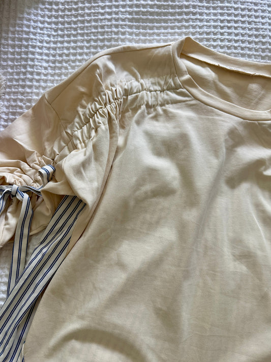 The Amelia Bow Sleeve Top in Butter Yellow & Blue Stripe