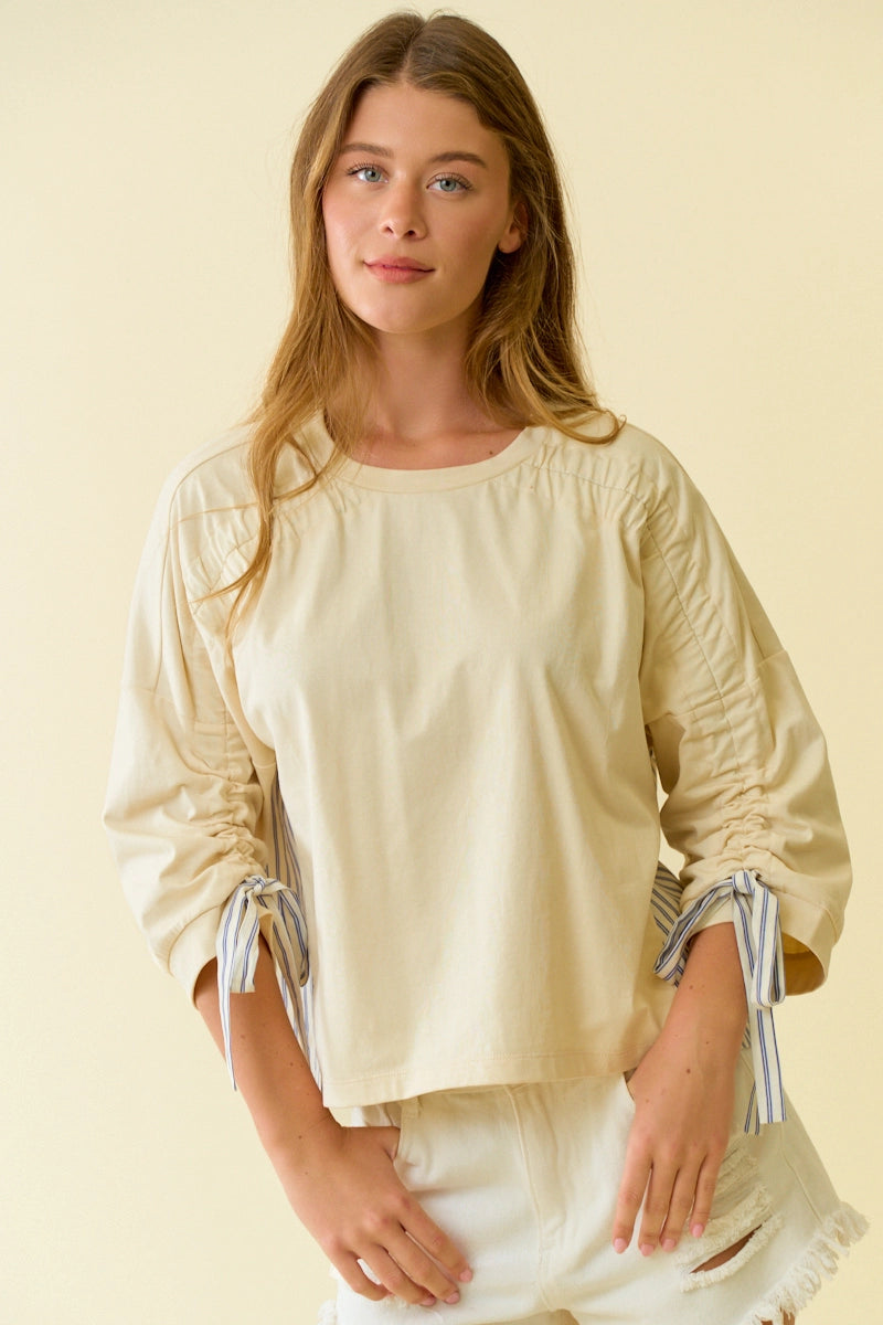 The Amelia Bow Sleeve Top in Butter Yellow & Blue Stripe