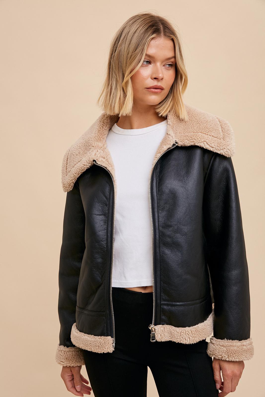 The Lexi Vegan Leather Shearling Jacket in Black