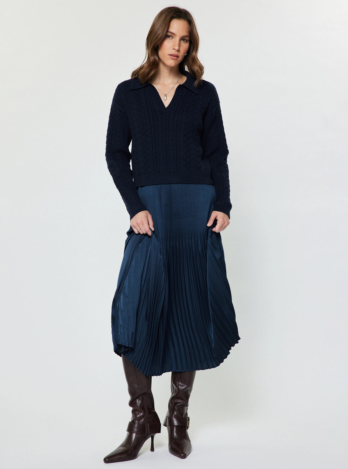 The Sutton Satin Sweater Dress Set in Jewel Navy