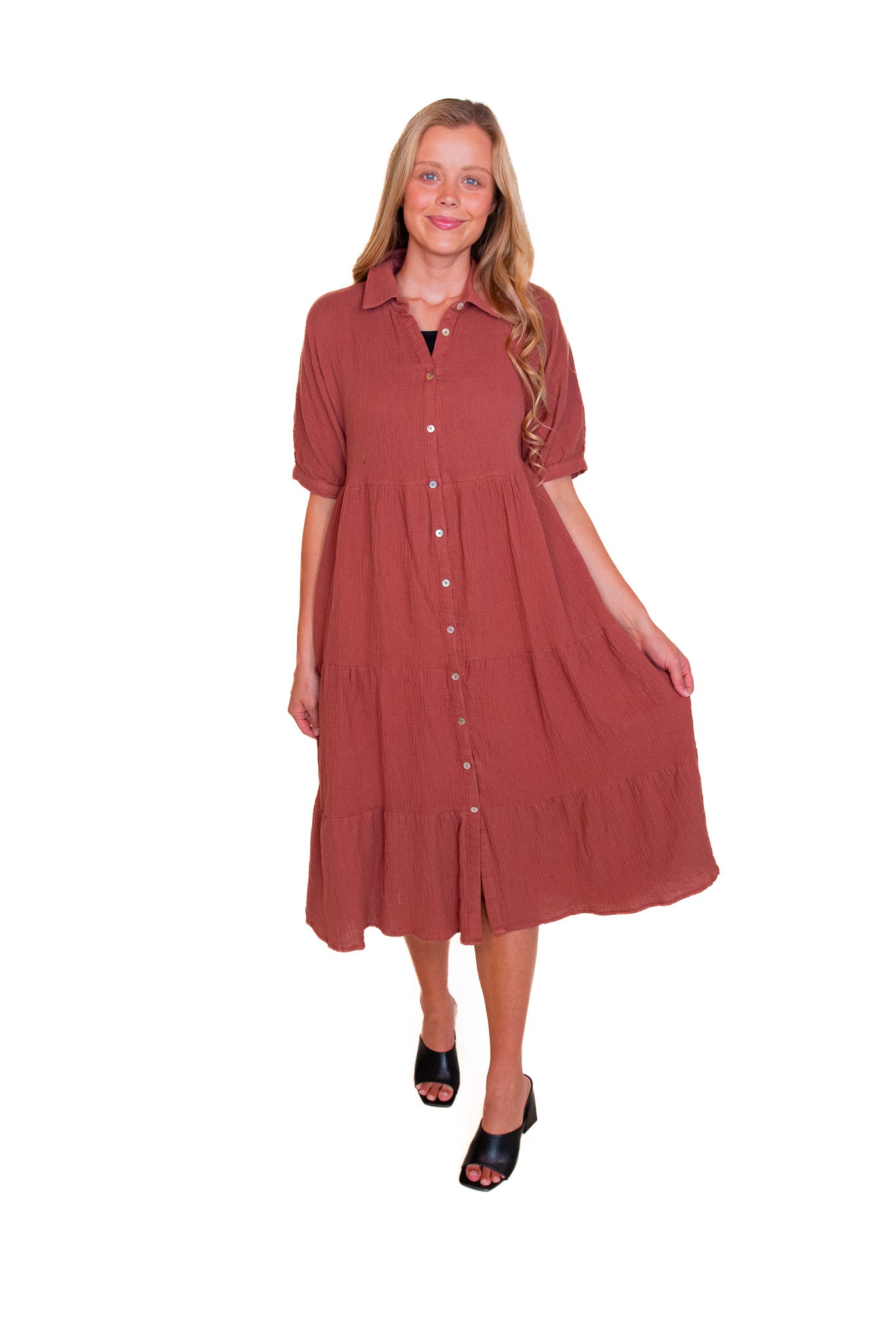 RESTOCKED - The Lyss Gauze Shirt Dress in Rust