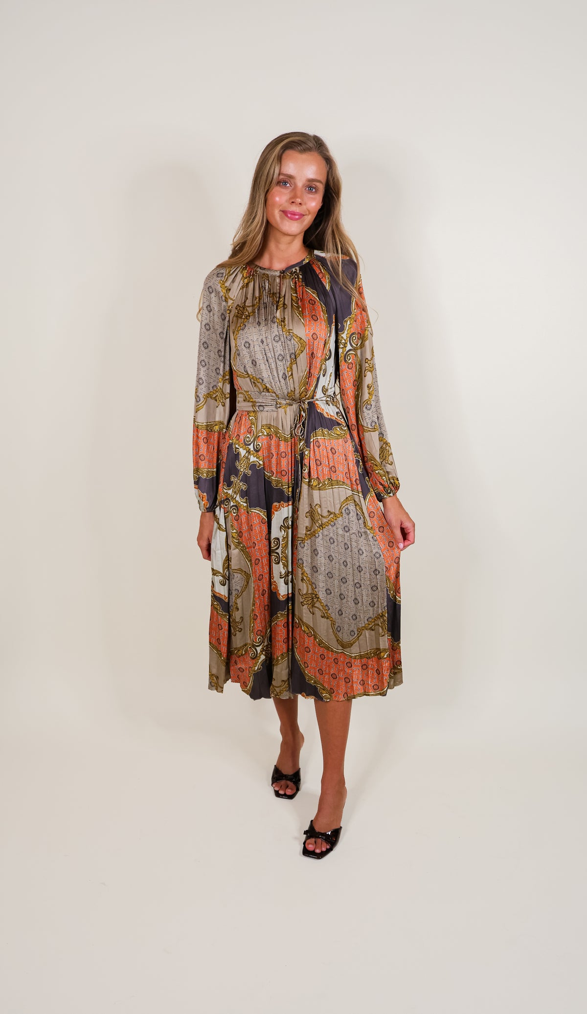 The Celeste Pleated Satin Midi Dress