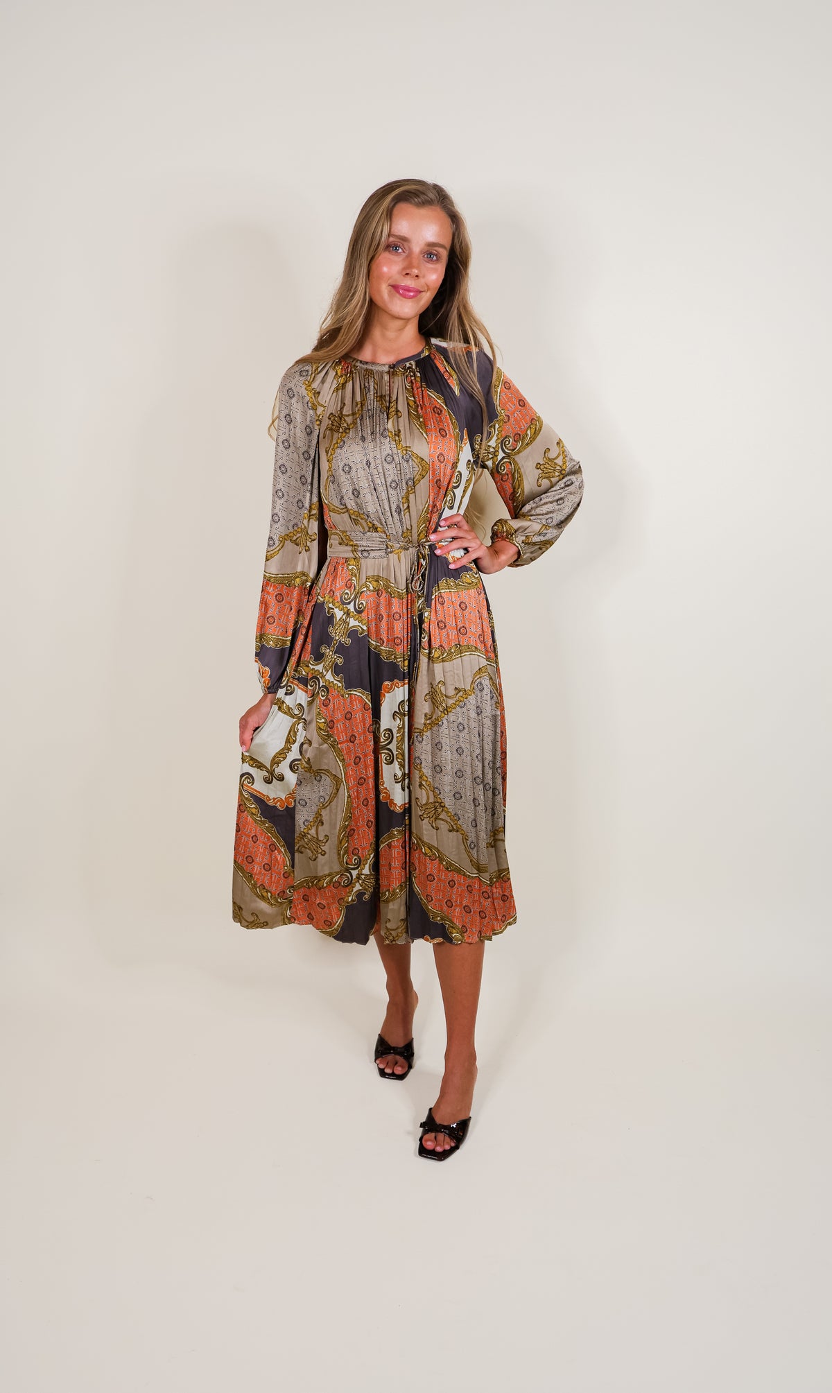 The Celeste Pleated Satin Midi Dress