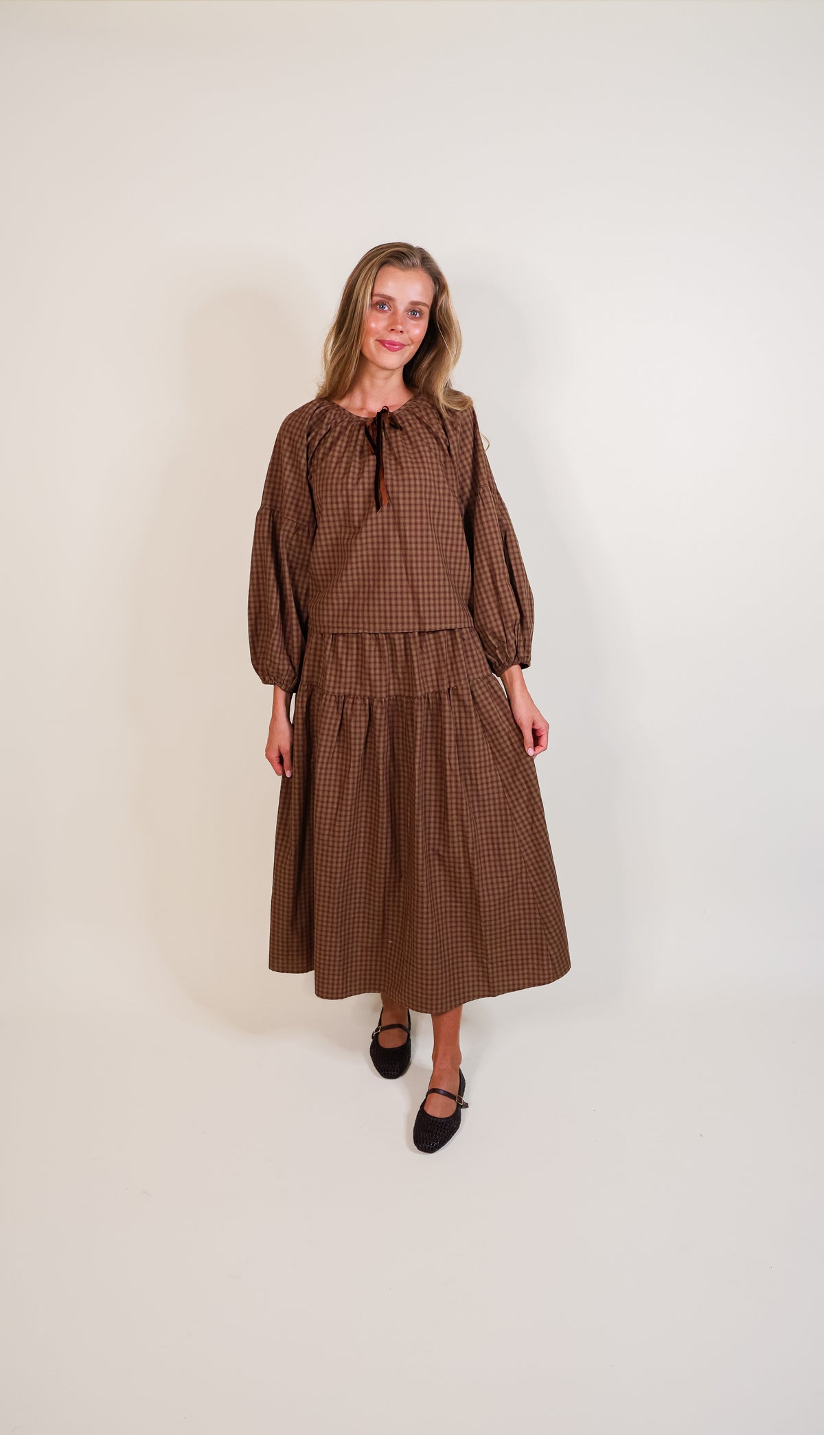 The Quinn Plaid Set in Brown Plaid in 100% Cotton