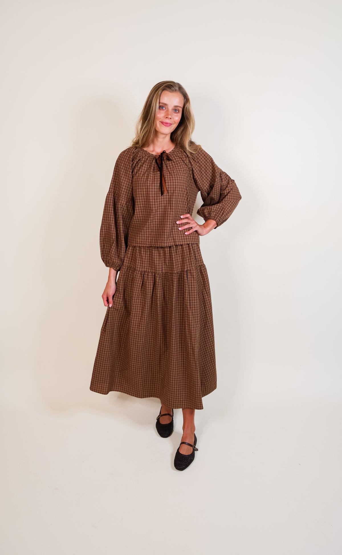 The Quinn Plaid Set in Brown Plaid in 100% Cotton