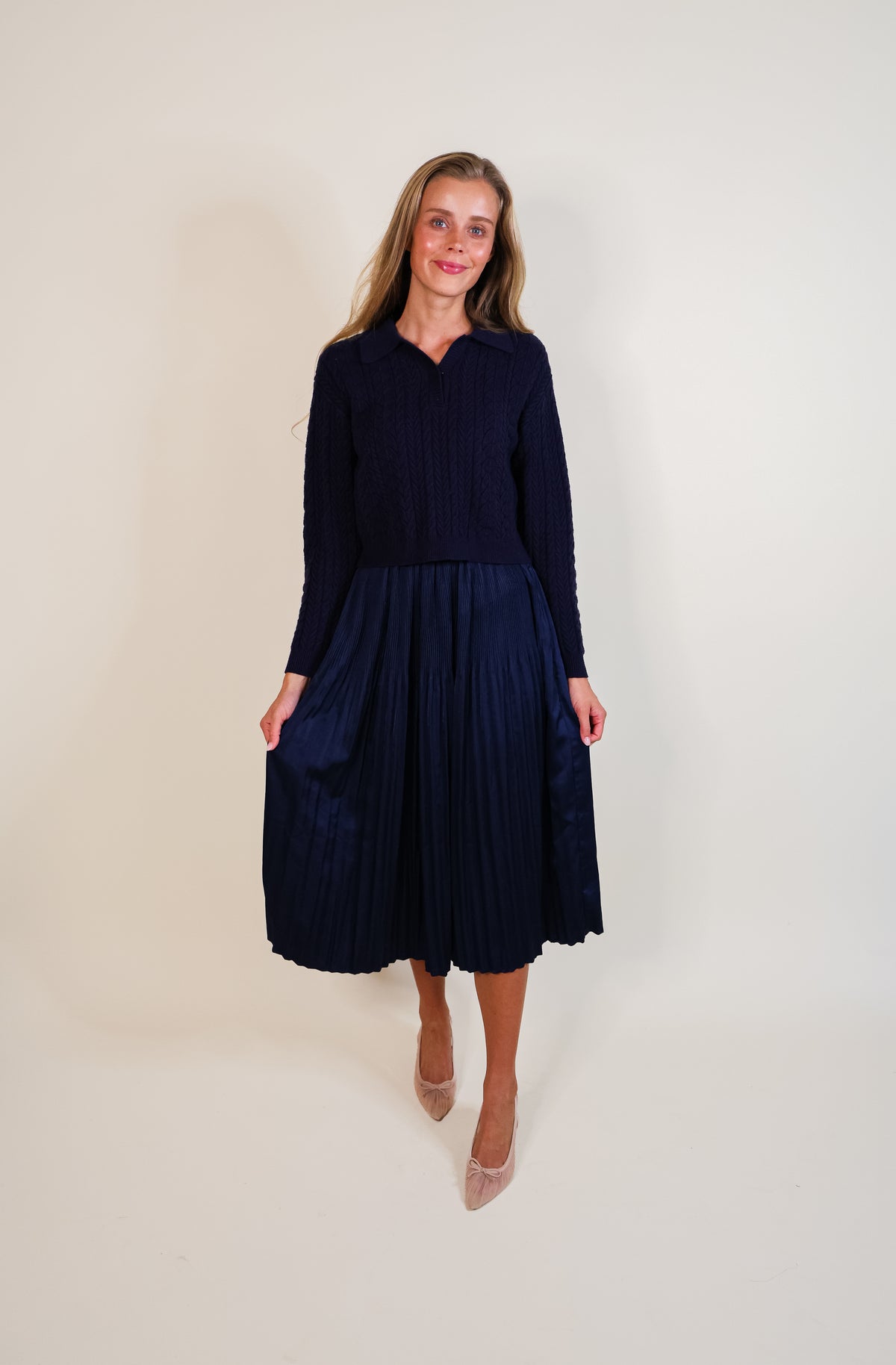 The Sutton Satin Sweater Dress Set in Jewel Navy