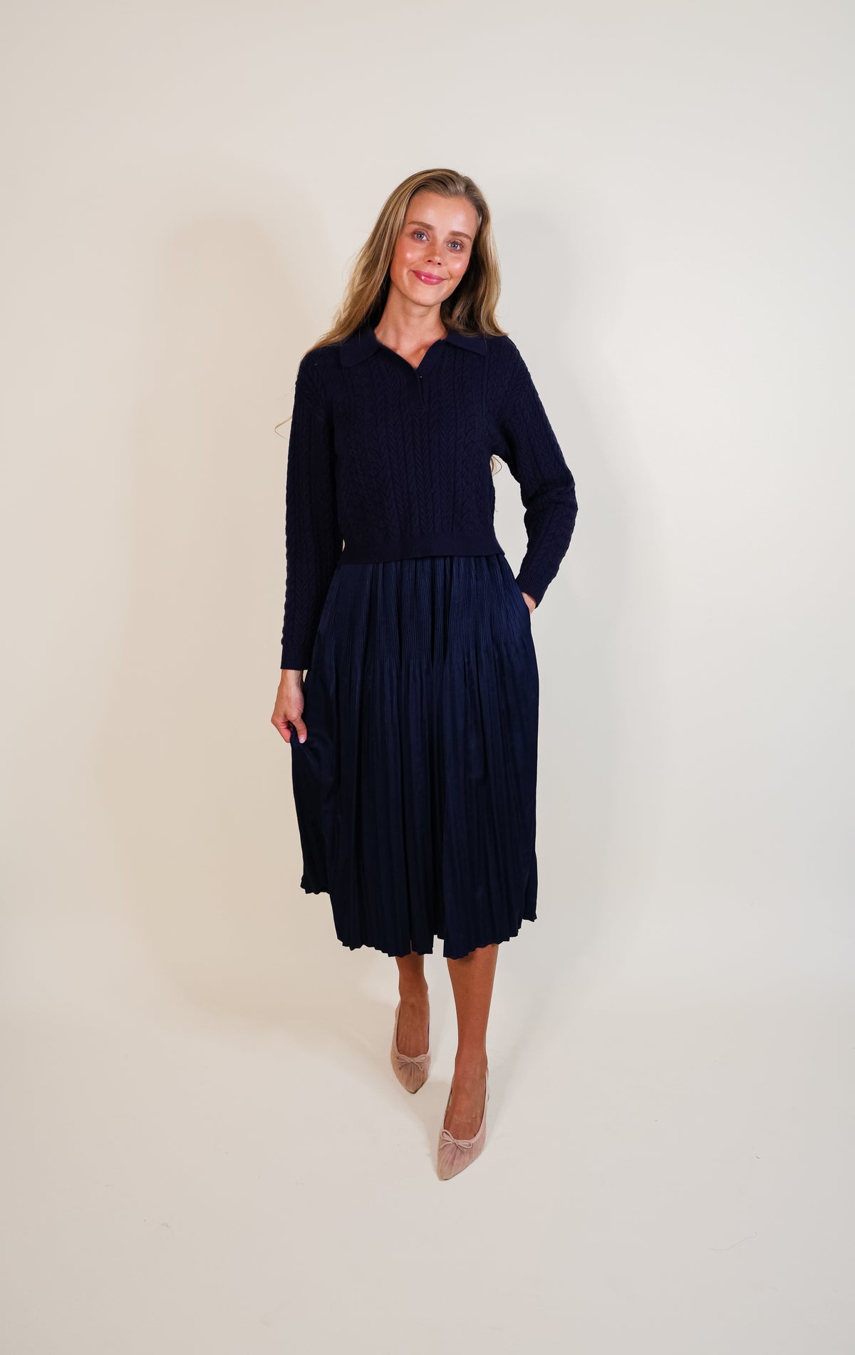 The Sutton Satin Sweater Dress Set in Jewel Navy