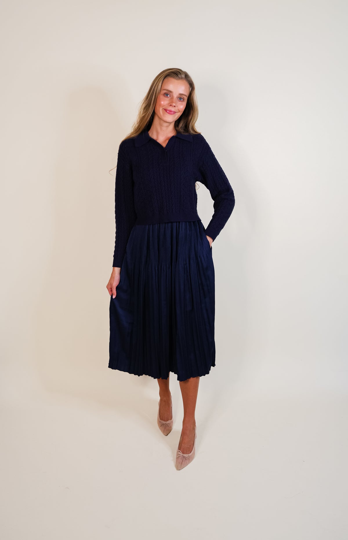 The Sutton Satin Sweater Dress Set in Jewel Navy