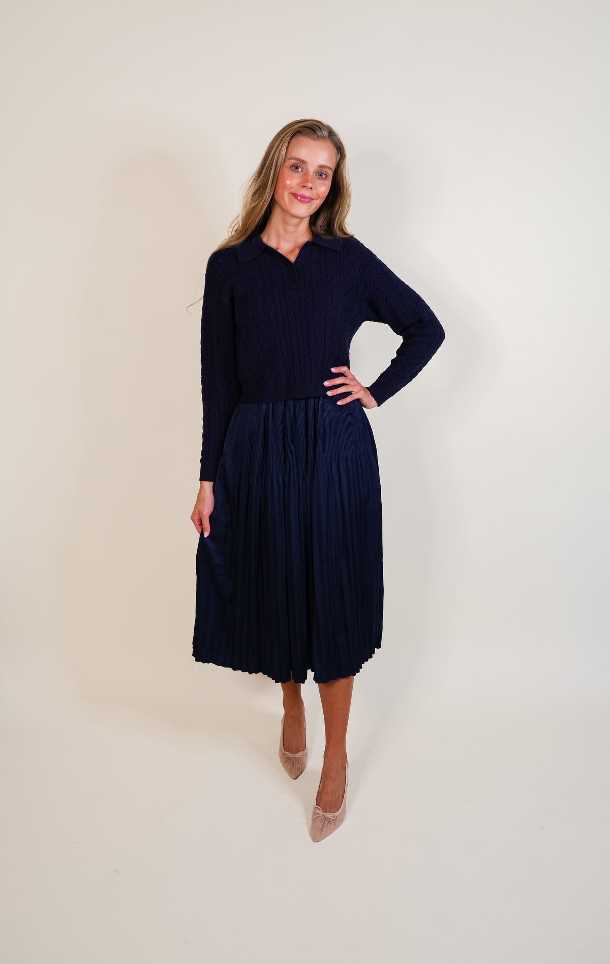 The Sutton Satin Sweater Dress Set in Jewel Navy