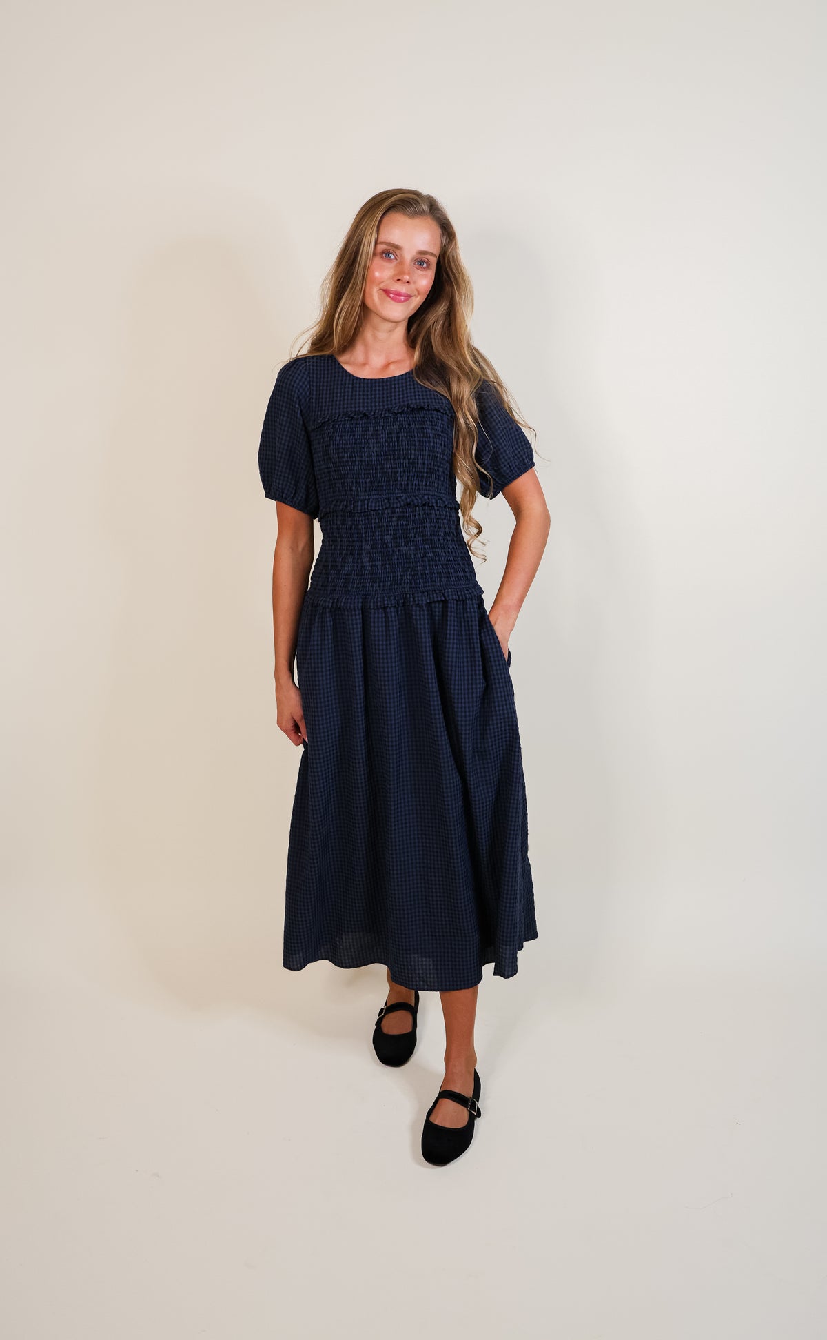 The Josie Smocked Dress in Navy Gingham