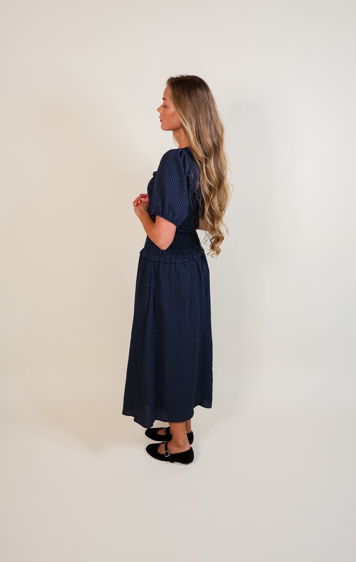 The Josie Smocked Dress in Navy Gingham