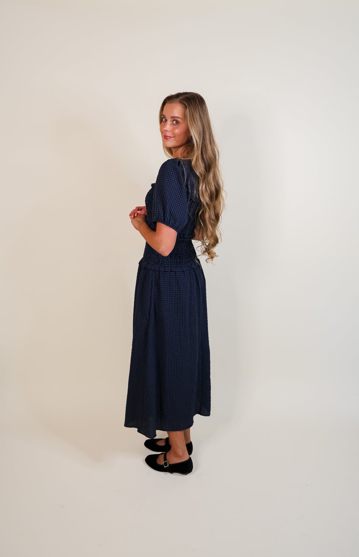 The Josie Smocked Dress in Navy Gingham