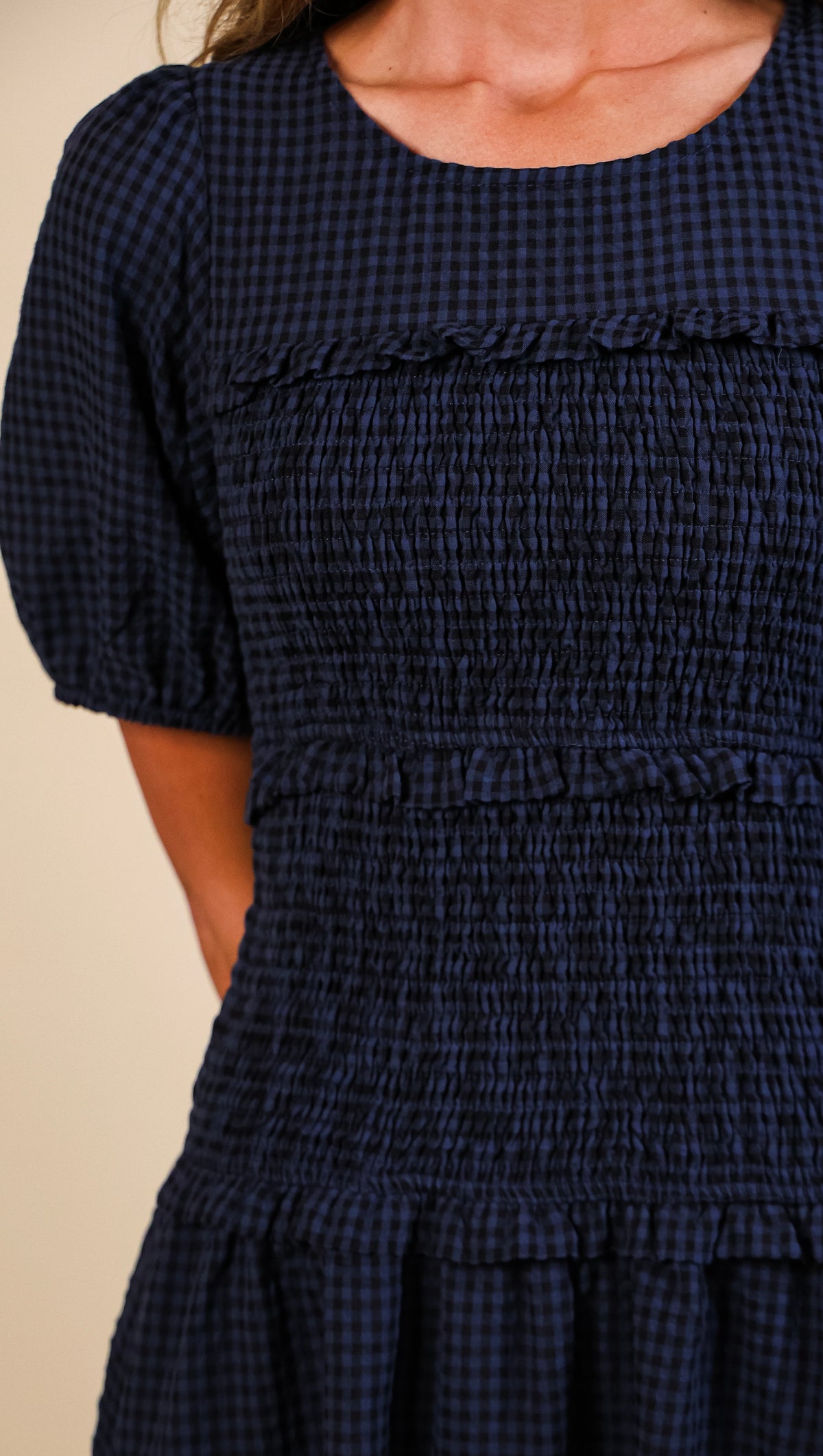The Josie Smocked Dress in Navy Gingham