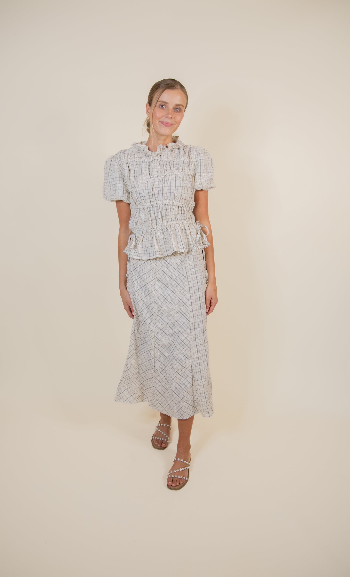 The Stevie Embroidered Plaid Skirt Set in Black & Cream