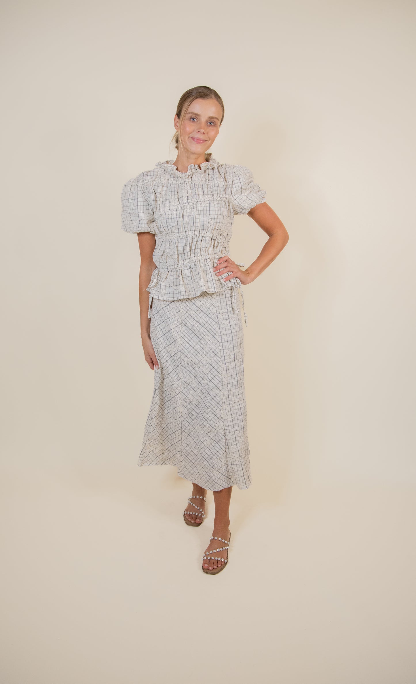 The Stevie Embroidered Plaid Skirt Set in Black & Cream