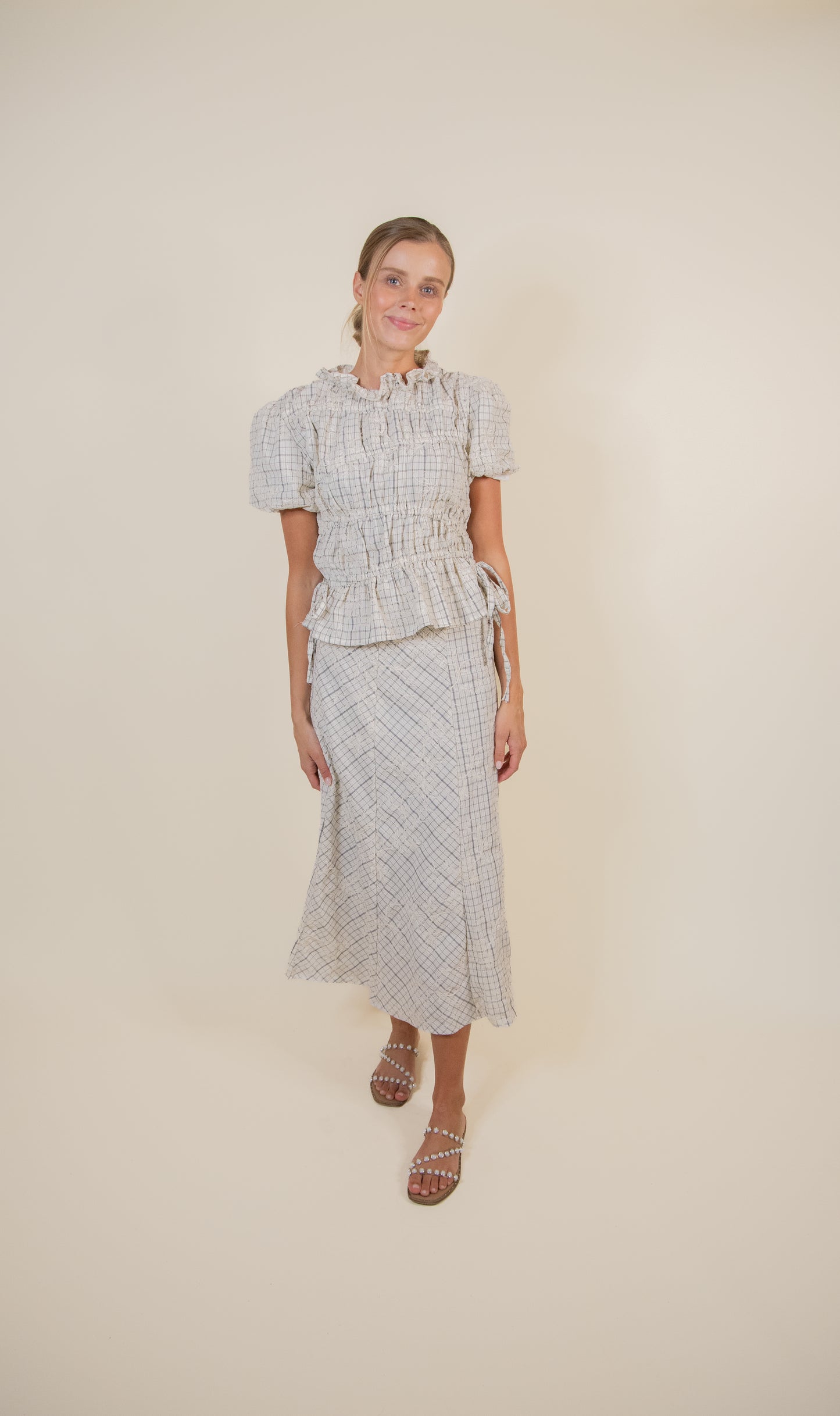 The Stevie Embroidered Plaid Skirt Set in Black & Cream
