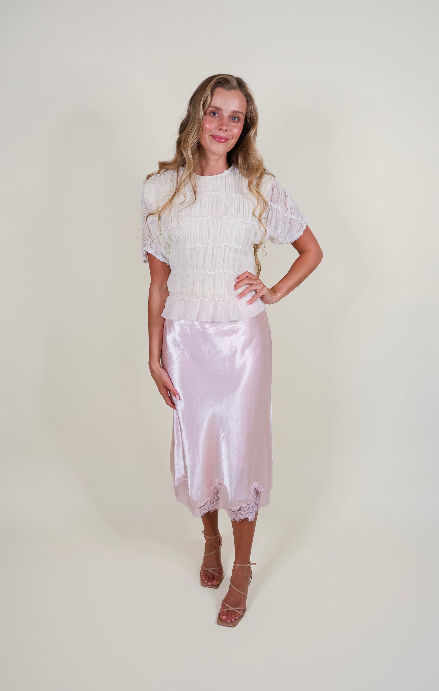 The Penelope Satin Lace Trim Skirt in Ballerina Pink