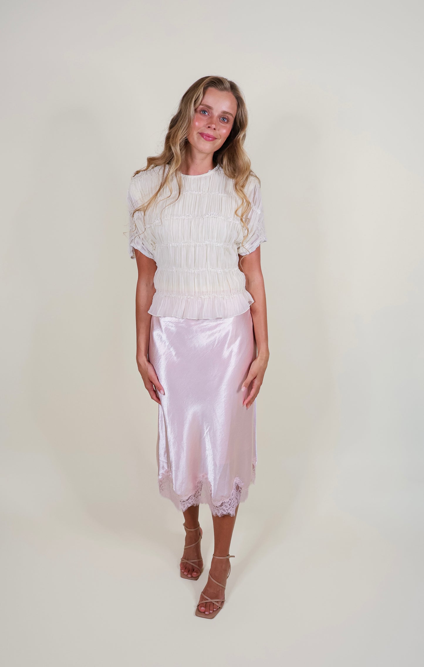 The Penelope Satin Lace Trim Skirt in Ballerina Pink