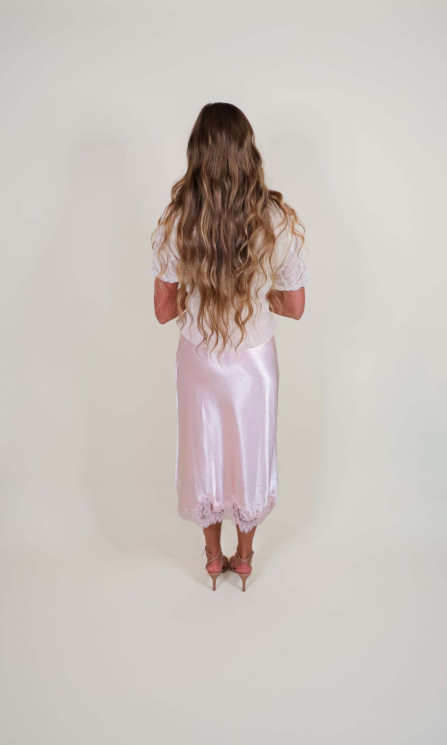 The Penelope Satin Lace Trim Skirt in Ballerina Pink