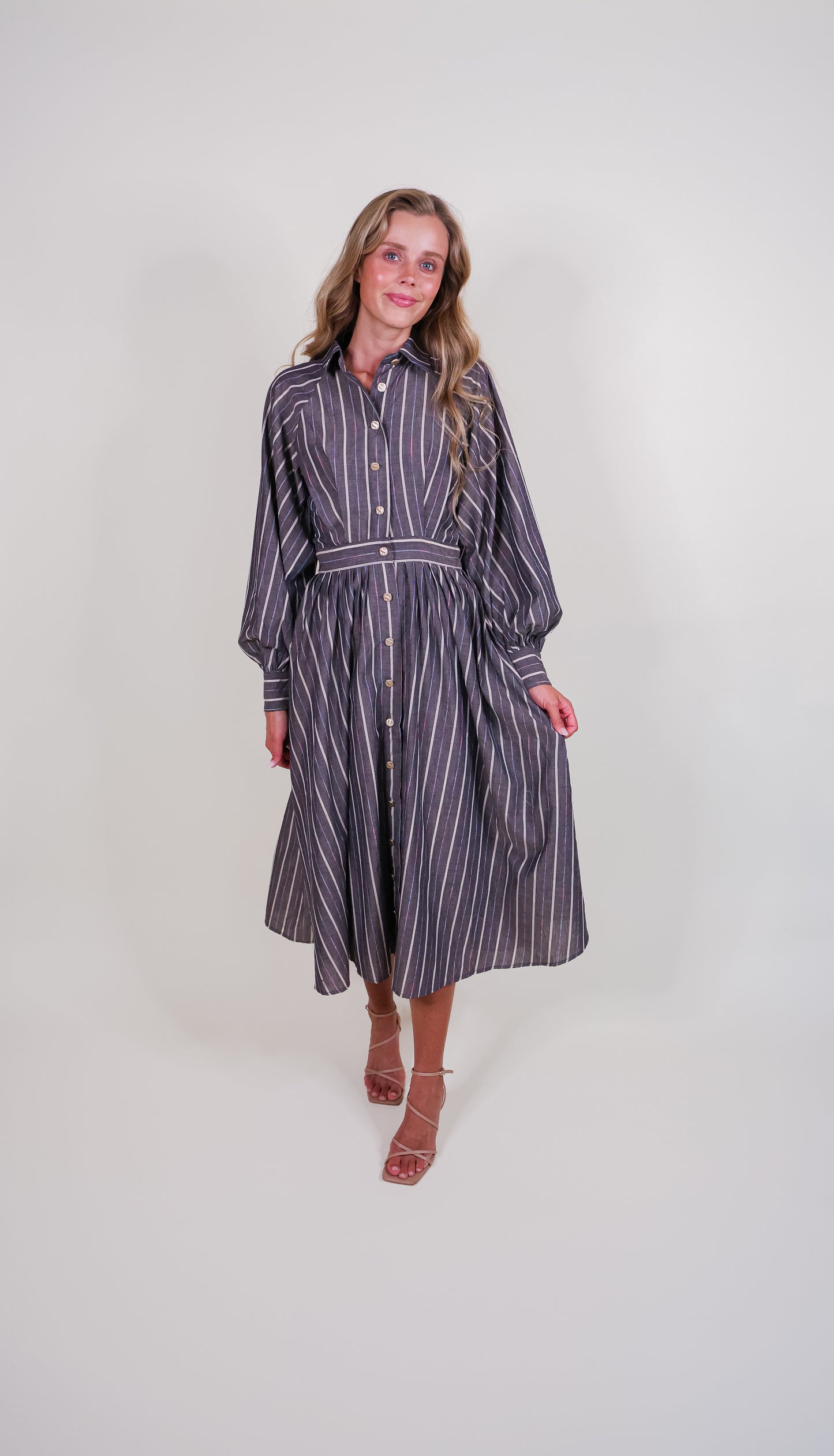 The Chloe Metallic Shirt Dress in Charcoal