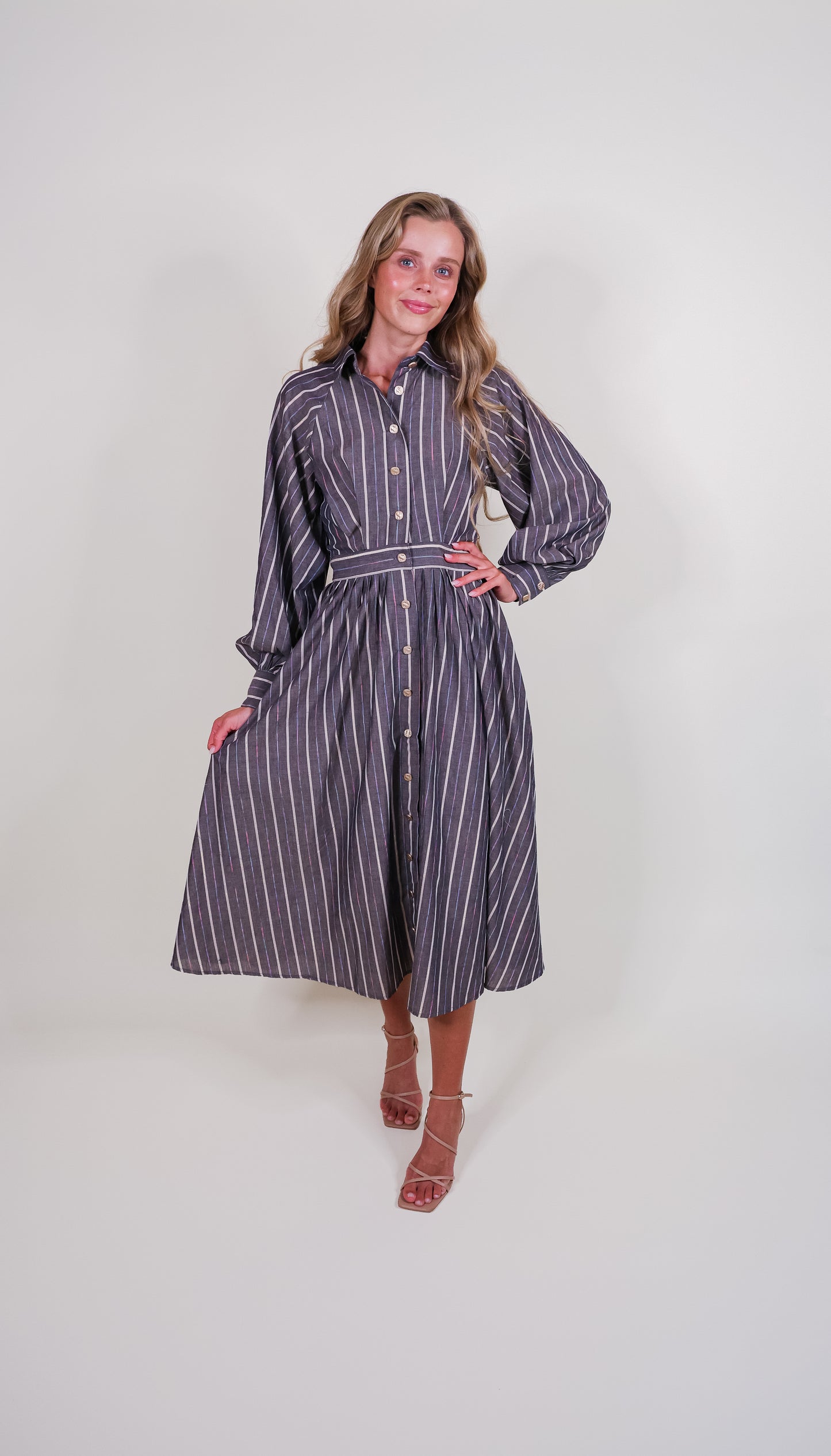 The Chloe Metallic Shirt Dress in Charcoal