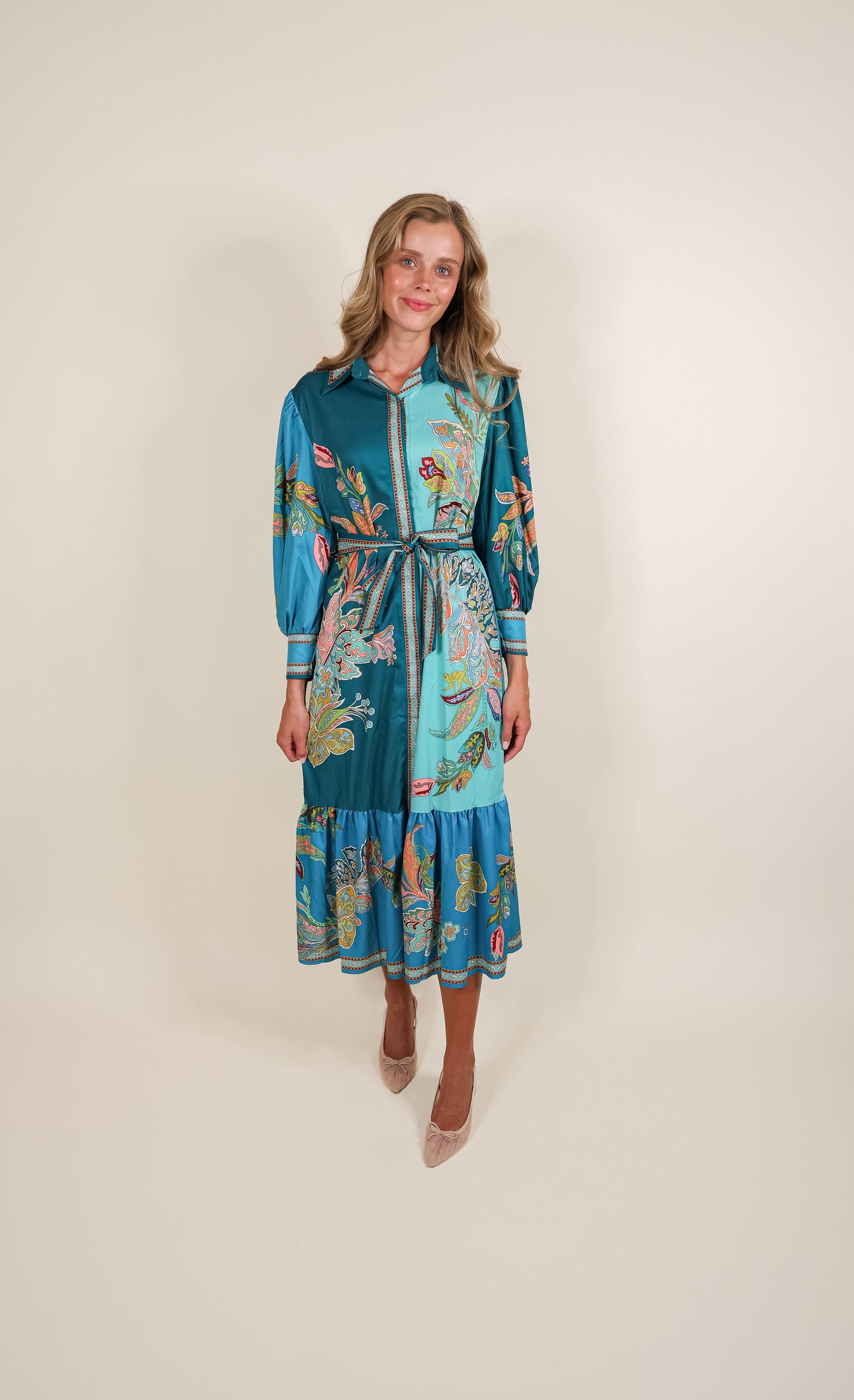 The Vienna Shirt Dress in Teal Paisley