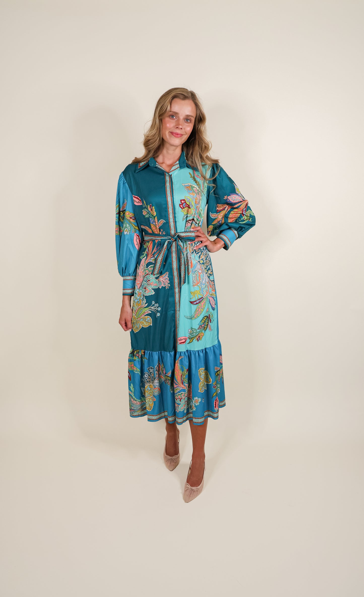 The Vienna Shirt Dress in Teal Paisley