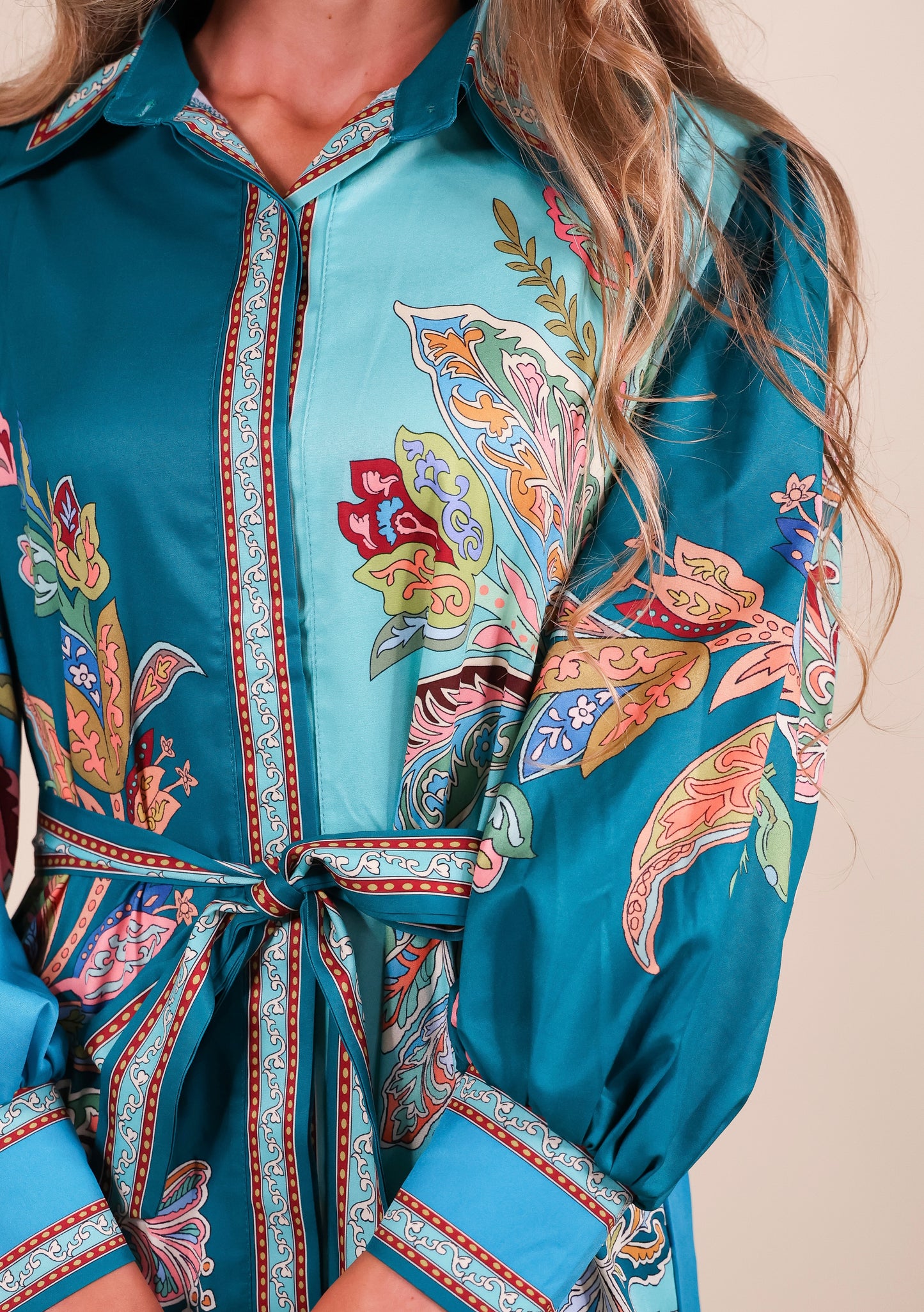 The Vienna Shirt Dress in Teal Paisley