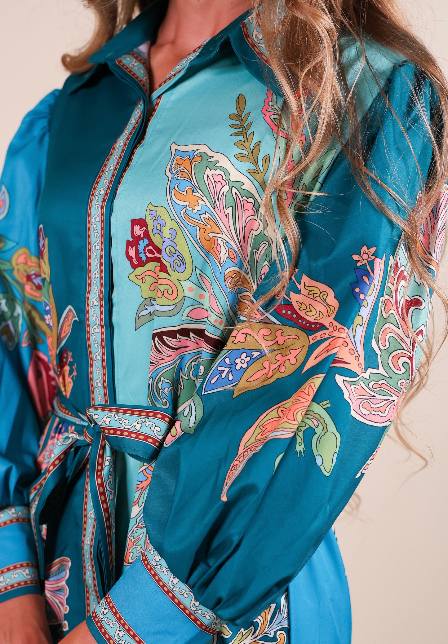 The Vienna Shirt Dress in Teal Paisley