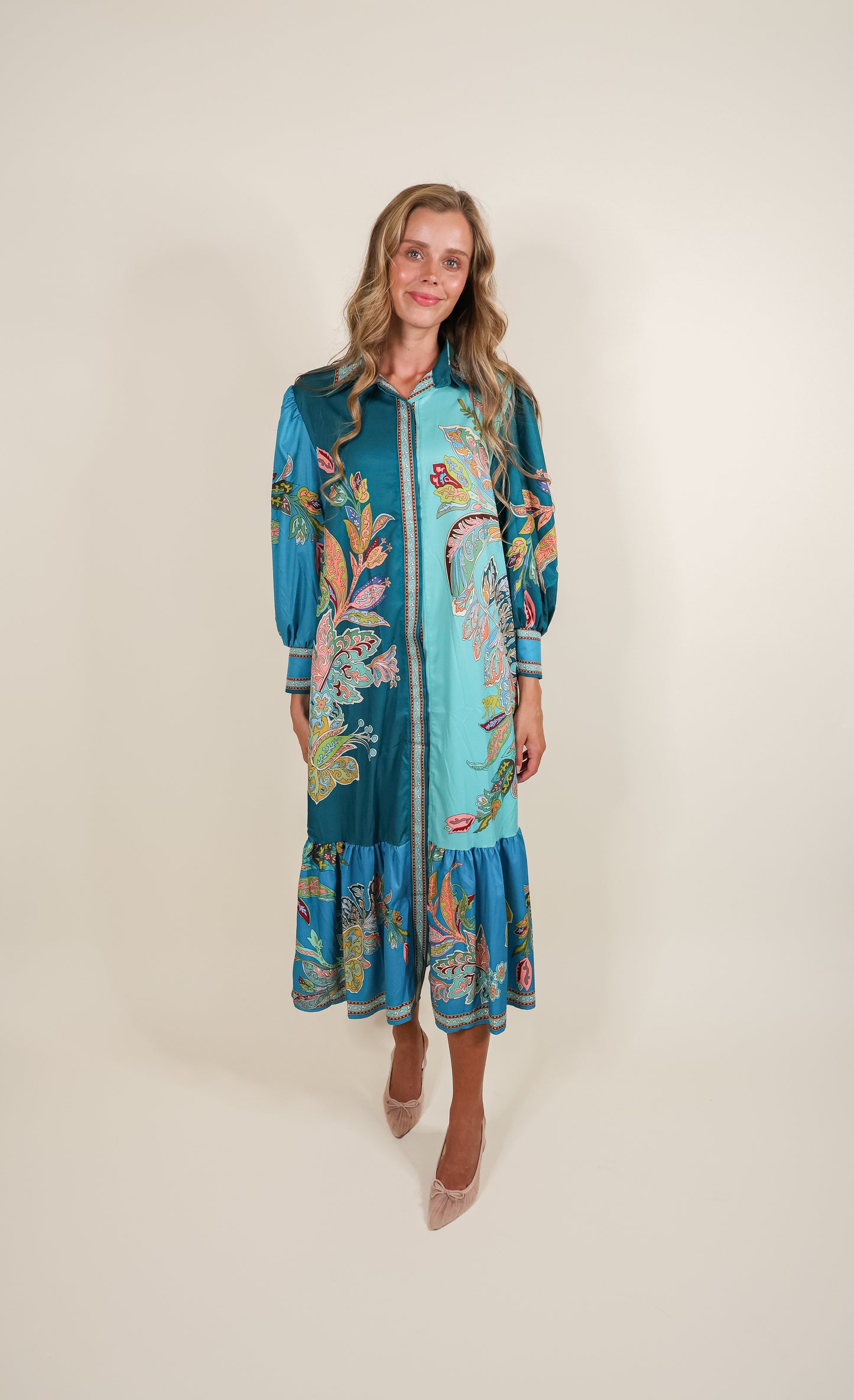 The Vienna Shirt Dress in Teal Paisley