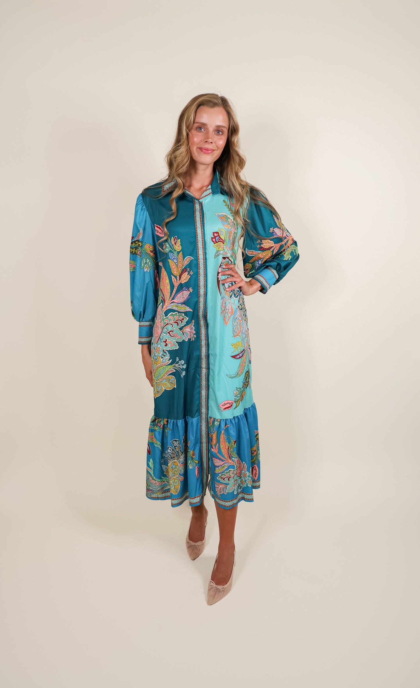 The Vienna Shirt Dress in Teal Paisley