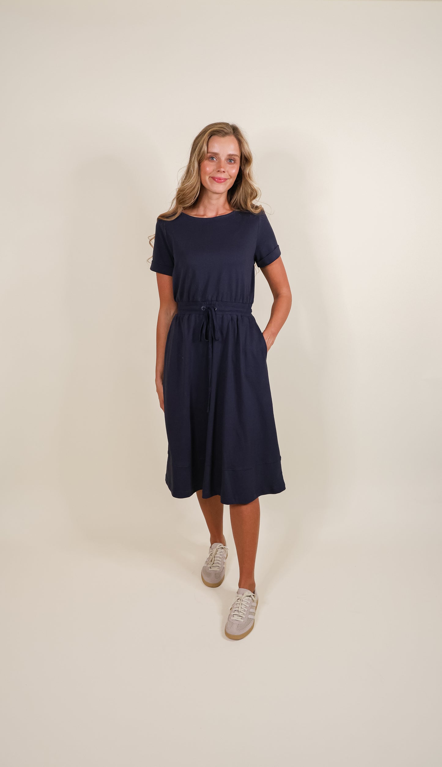 The Maren 100% Cotton Ponte Lounge Dress in Navy