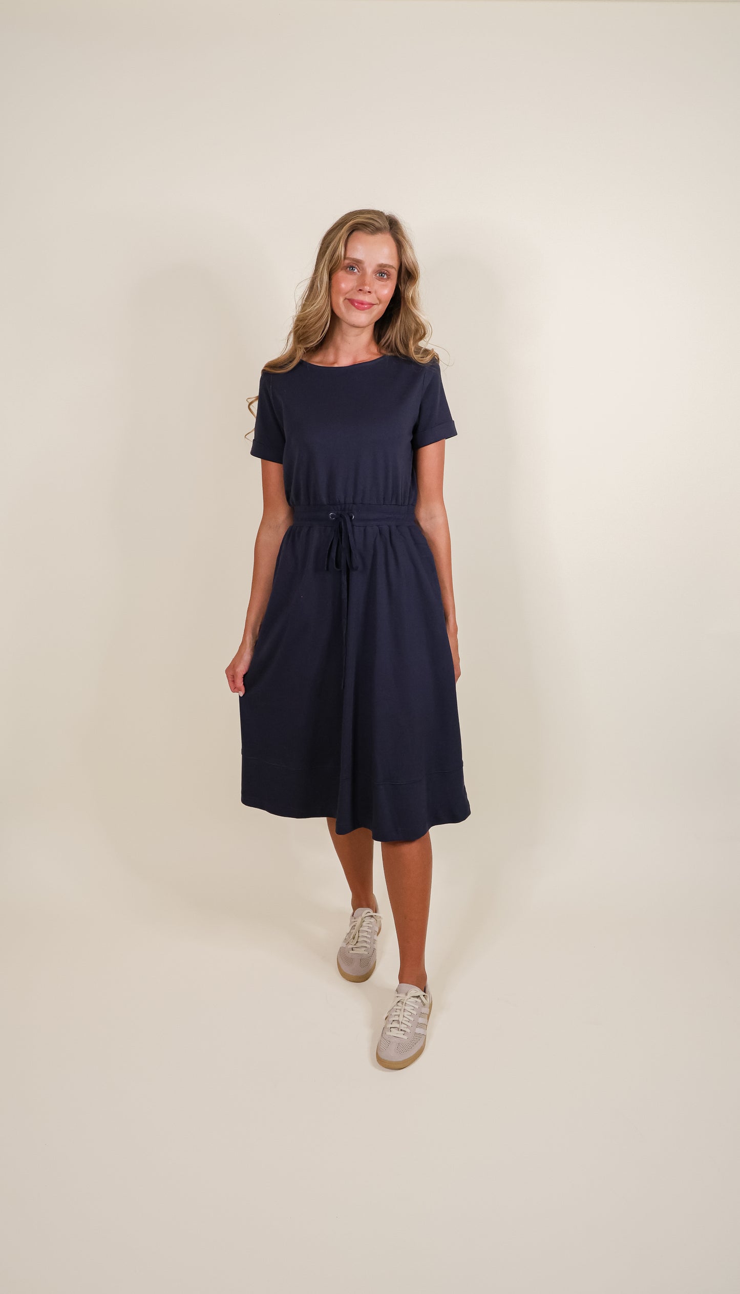 The Maren 100% Cotton Ponte Lounge Dress in Navy