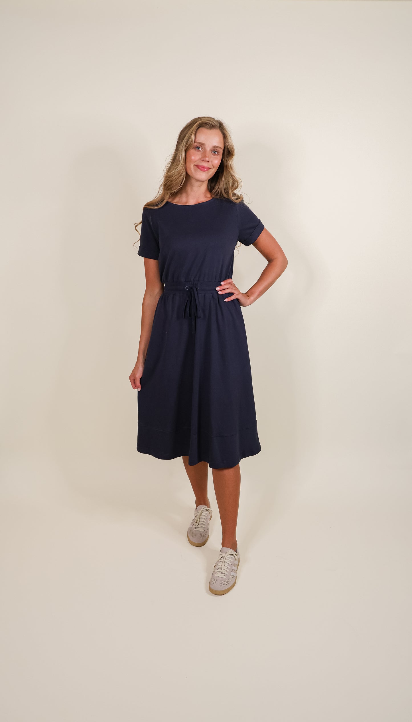 The Maren 100% Cotton Ponte Lounge Dress in Navy