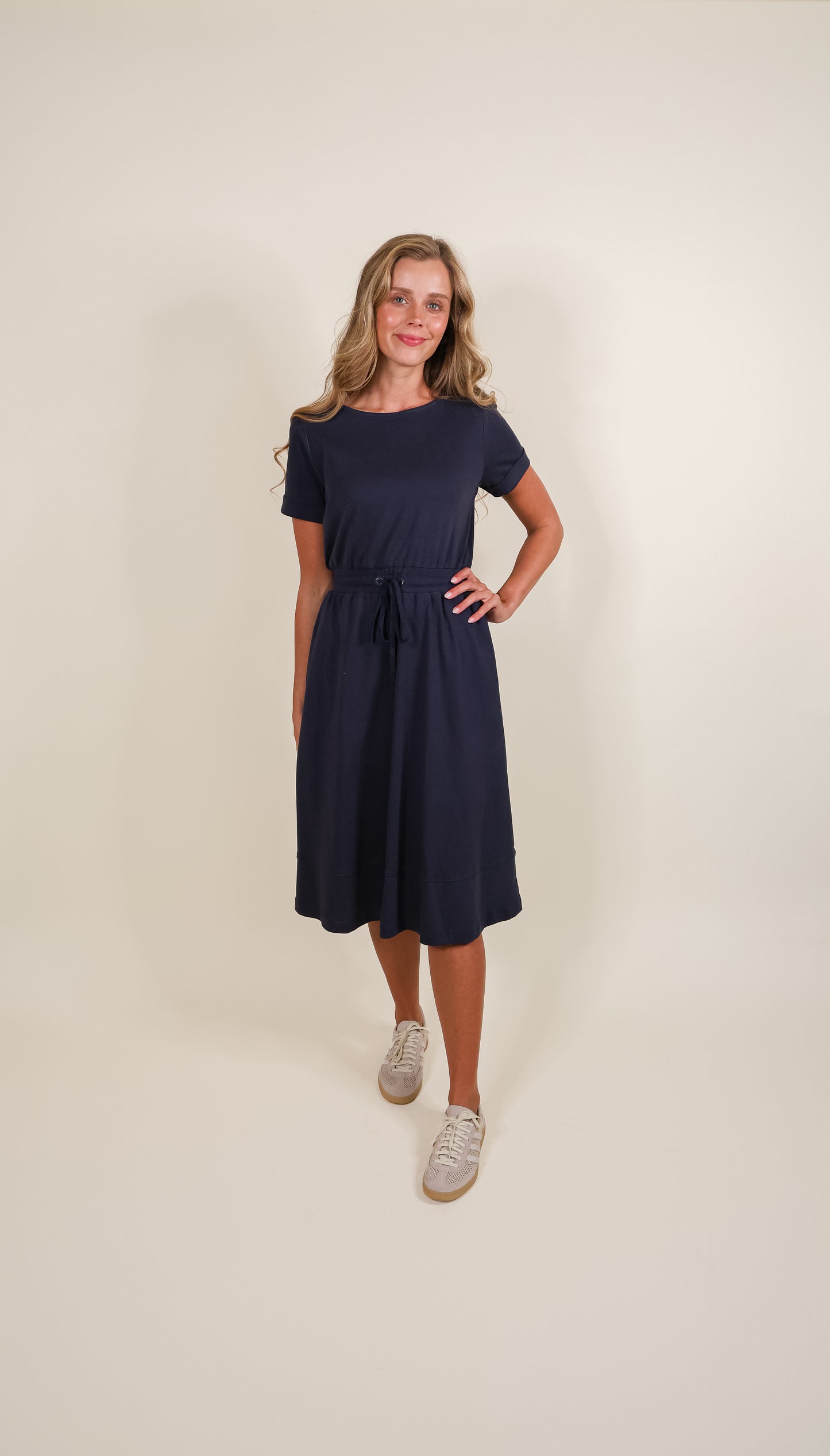 The Maren 100% Cotton Ponte Lounge Dress in Navy