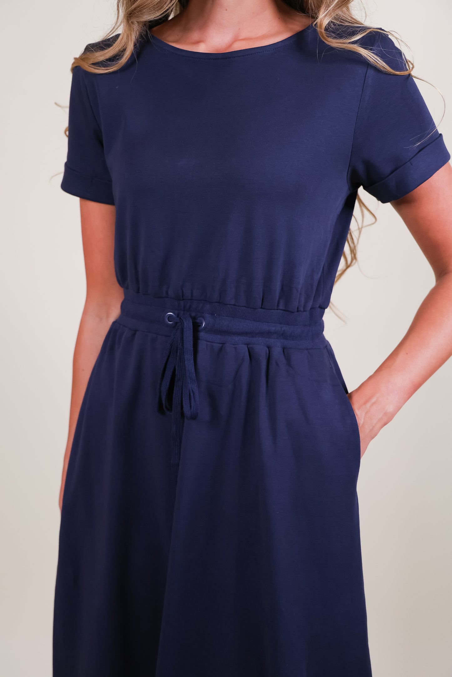 The Maren 100% Cotton Ponte Lounge Dress in Navy