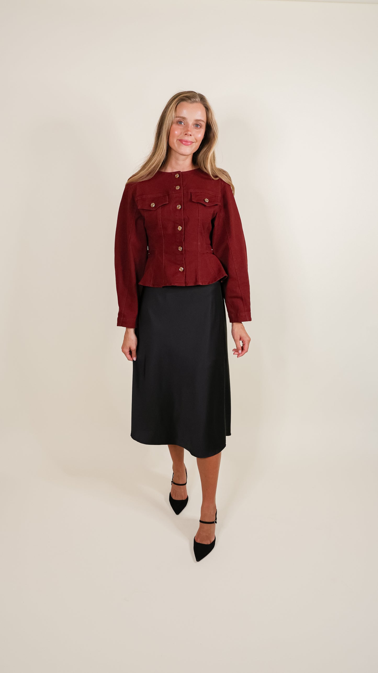 The Elena Jacket in Burgundy Denim