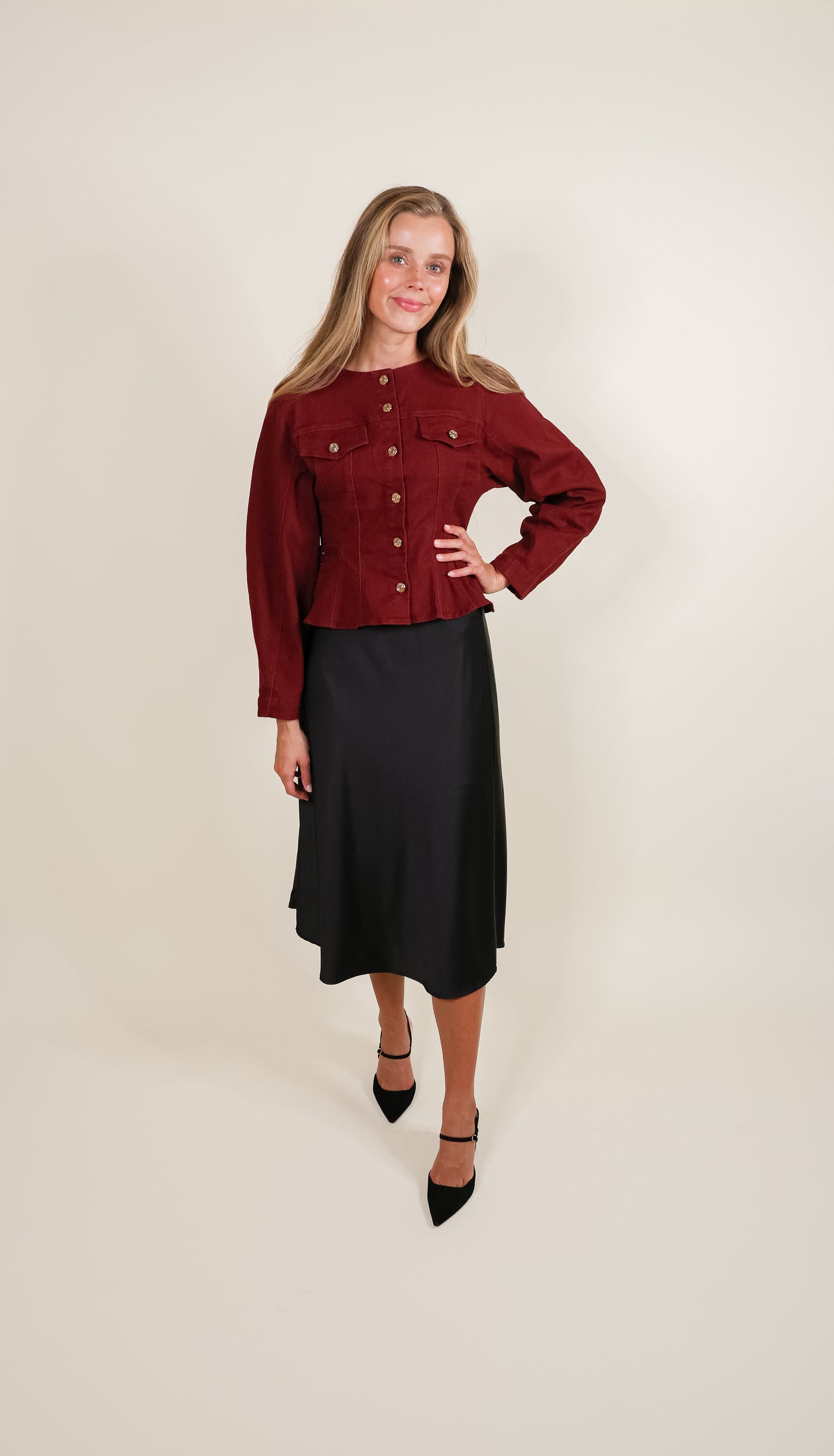 The Elena Jacket in Burgundy Denim