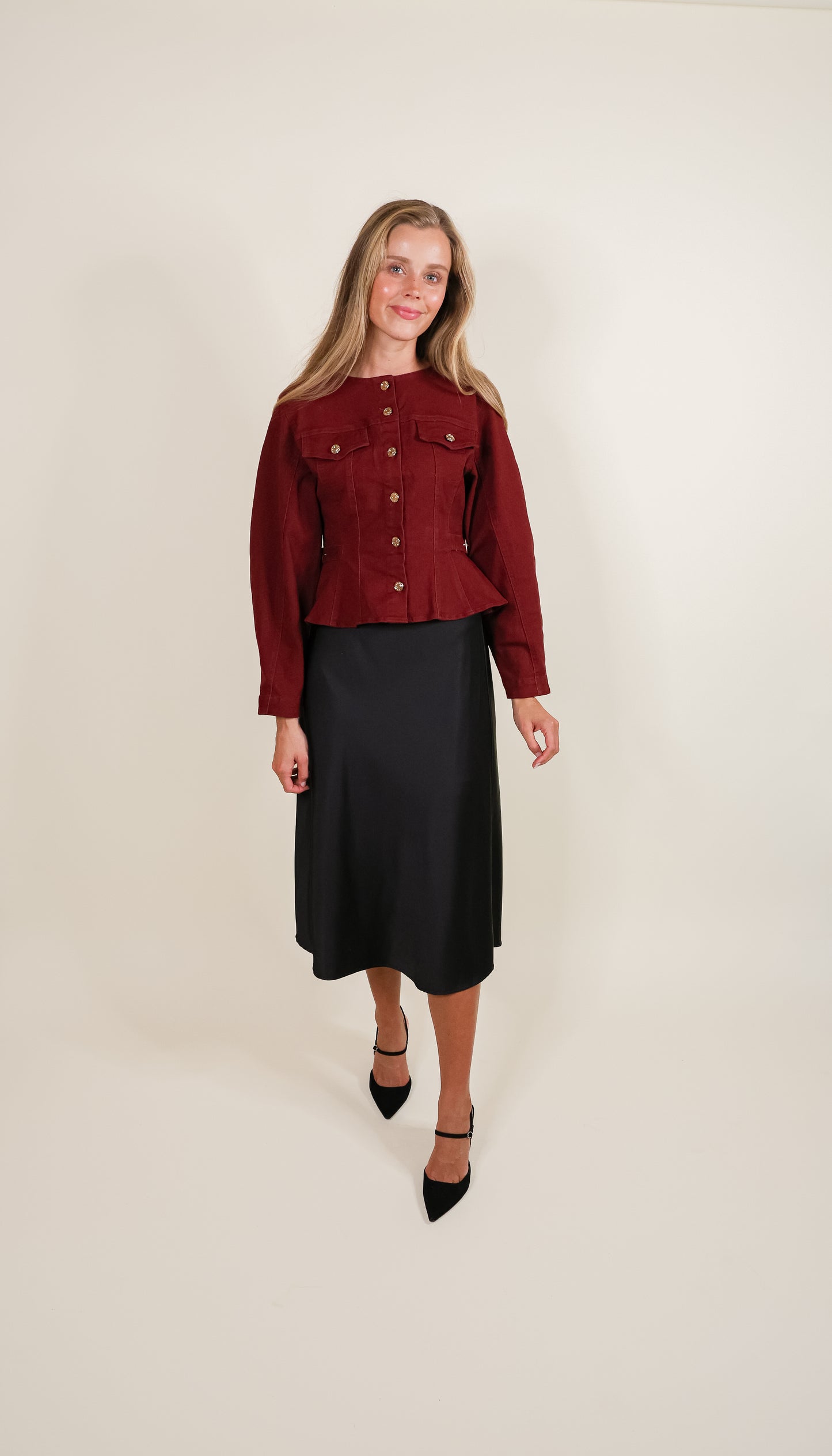 The Elena Jacket in Burgundy Denim