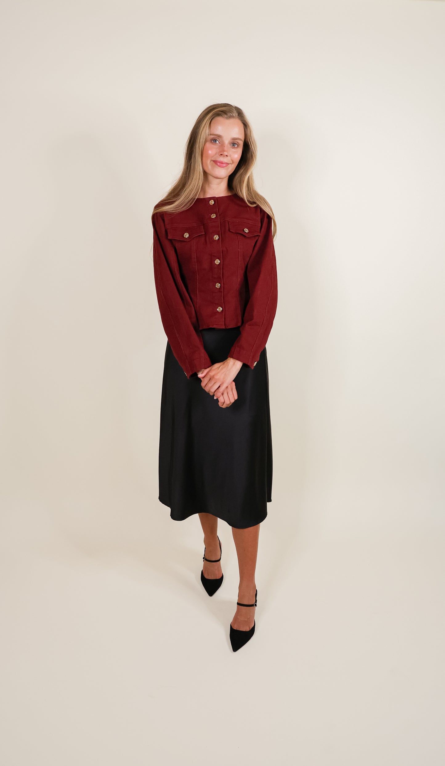The Elena Jacket in Burgundy Denim