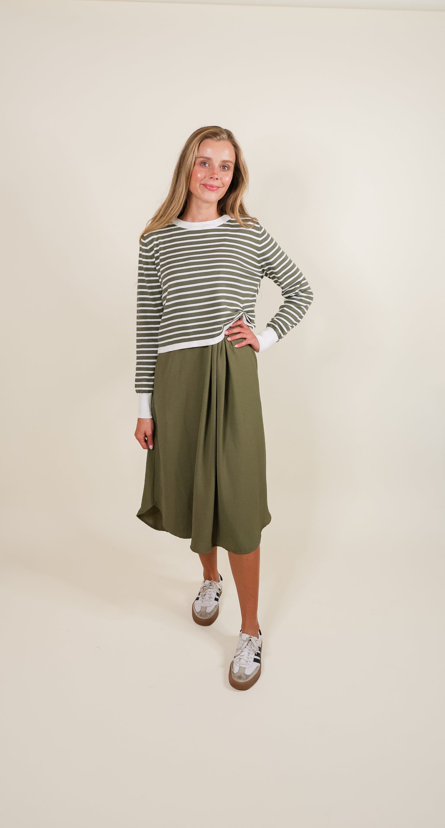 The Indi Knit Sweater & Dress Set - Olive & Ivory Stripes