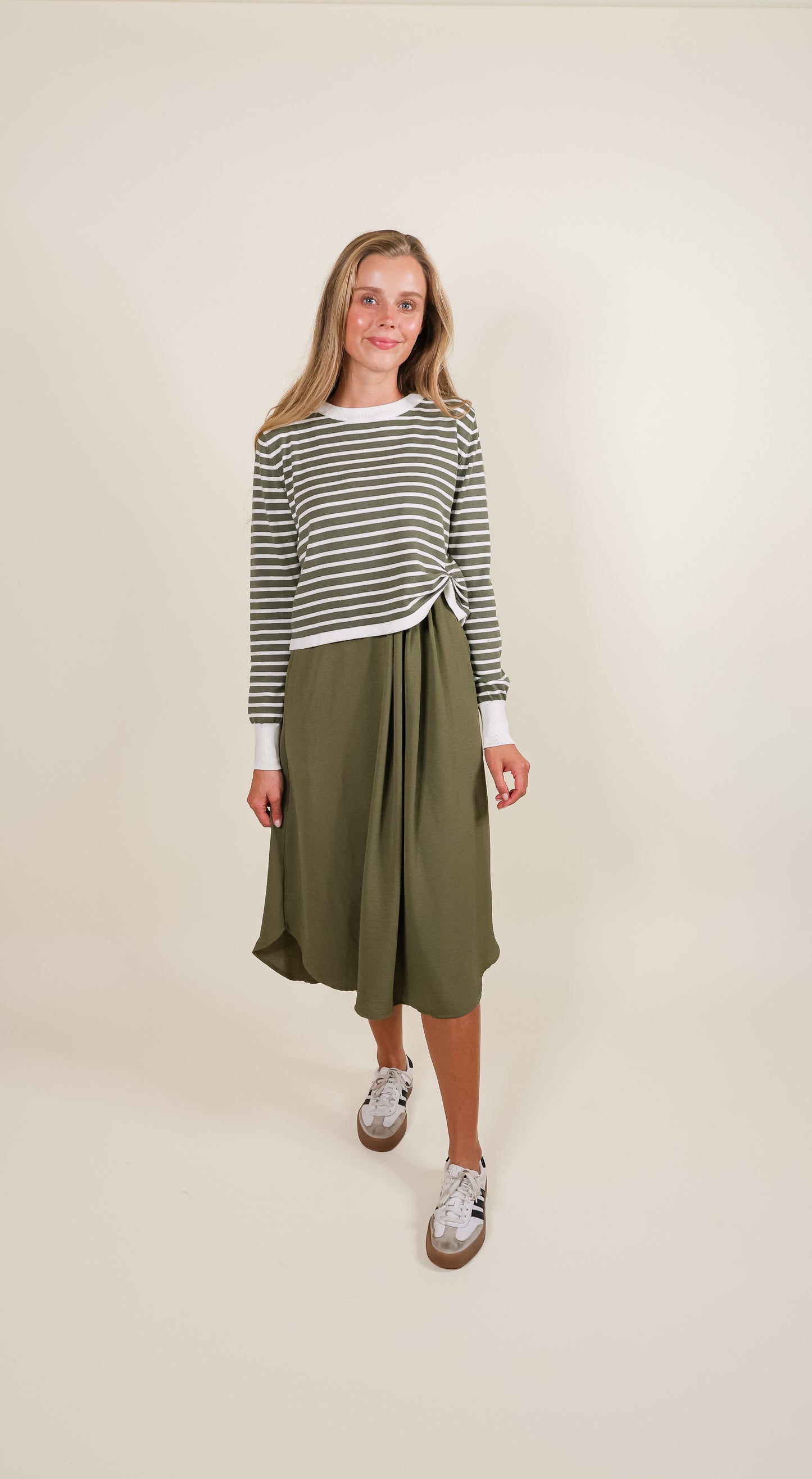 The Indi Knit Sweater & Dress Set - Olive & Ivory Stripes